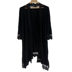 Love Culture Black Open-Front Lace Trim Cardigan 3/4 Sleeves Crochet Details Med